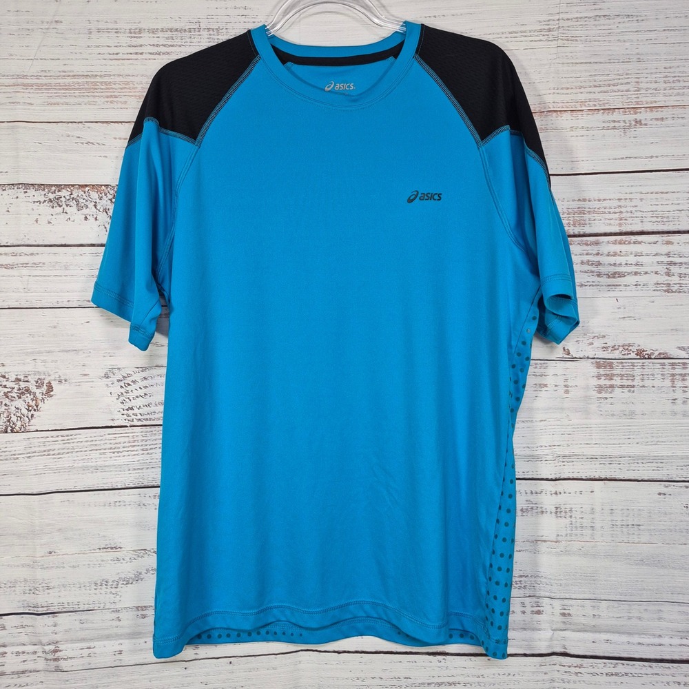 Asics Mens Large Blue Black Raglan Short Sleeve Running Performance Shirt